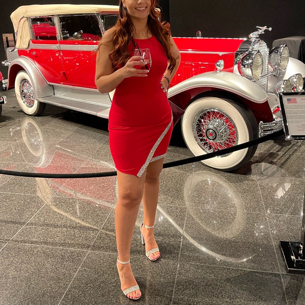 Sexy red halter dress with silver lining